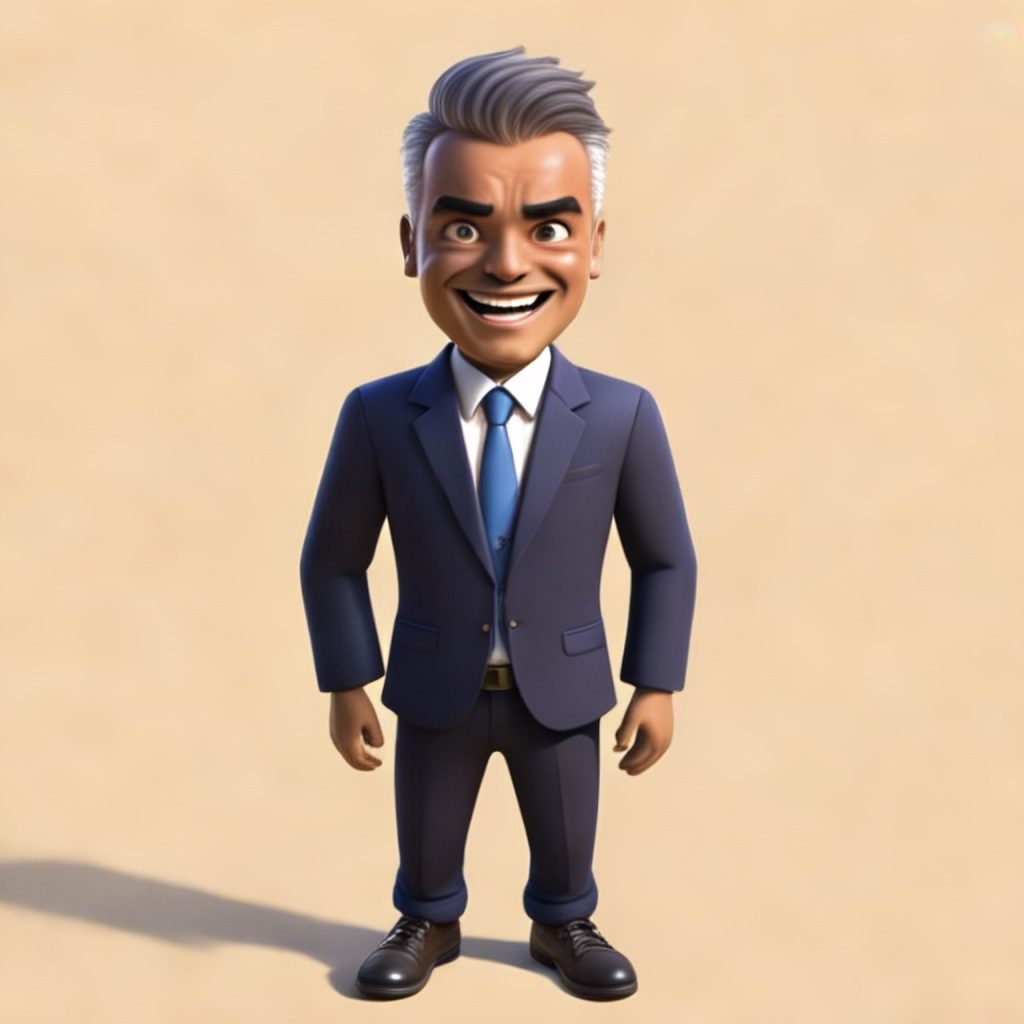 Mark Alford Bullying Shows Missouri Needs Real Leadership. This image is a Cartoon-style illustration of a man in a navy blue suit, white shirt, and blue tie, standing confidently with a wide grin and raised eyebrows.