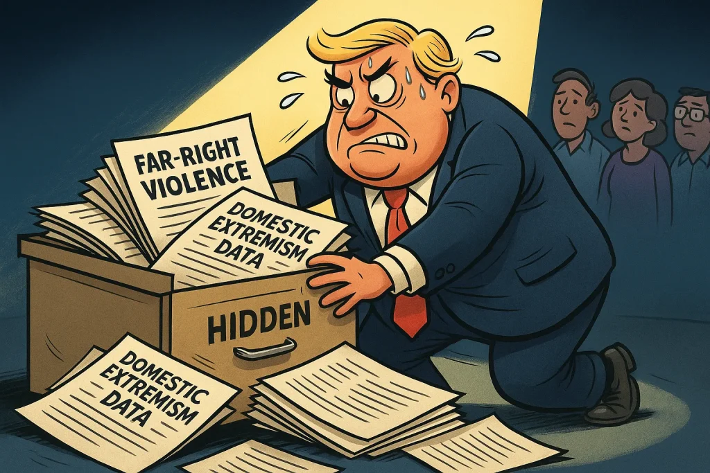 Far-Right Violence Outpaces All Others. Satirical cartoon showing far-right violence NIJ report being hidden by a politician