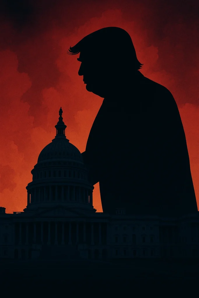 Trump authoritarian takeover — dark illustration of a shadowy political figure towering over the U.S. Capitol at night, symbolizing threats to democracy and rising authoritarian power.