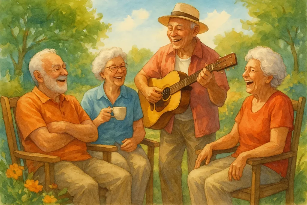 Aging politicians in Congress illustration - A joyful scene of four older adults in a garden: three sit in wooden chairs smiling and talking while a fourth stands, playing an acoustic guitar. Bright flowers, leafy trees, and a clear sky convey peace and community.