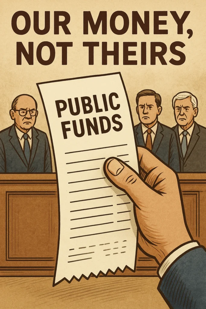 our money not theirs — illustration showing a taxpayer’s hand holding a receipt marked “Public Funds,” reminding officials that all government money belongs to the people.