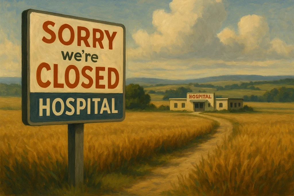 Mark Alford record against Missouri shows deep cuts to rural care, shutdown chaos, and paper promises. Missouri families deserve better. Graphic showing closed hospital sign over Missouri fields, symbolizing strain on local care across MO-4.