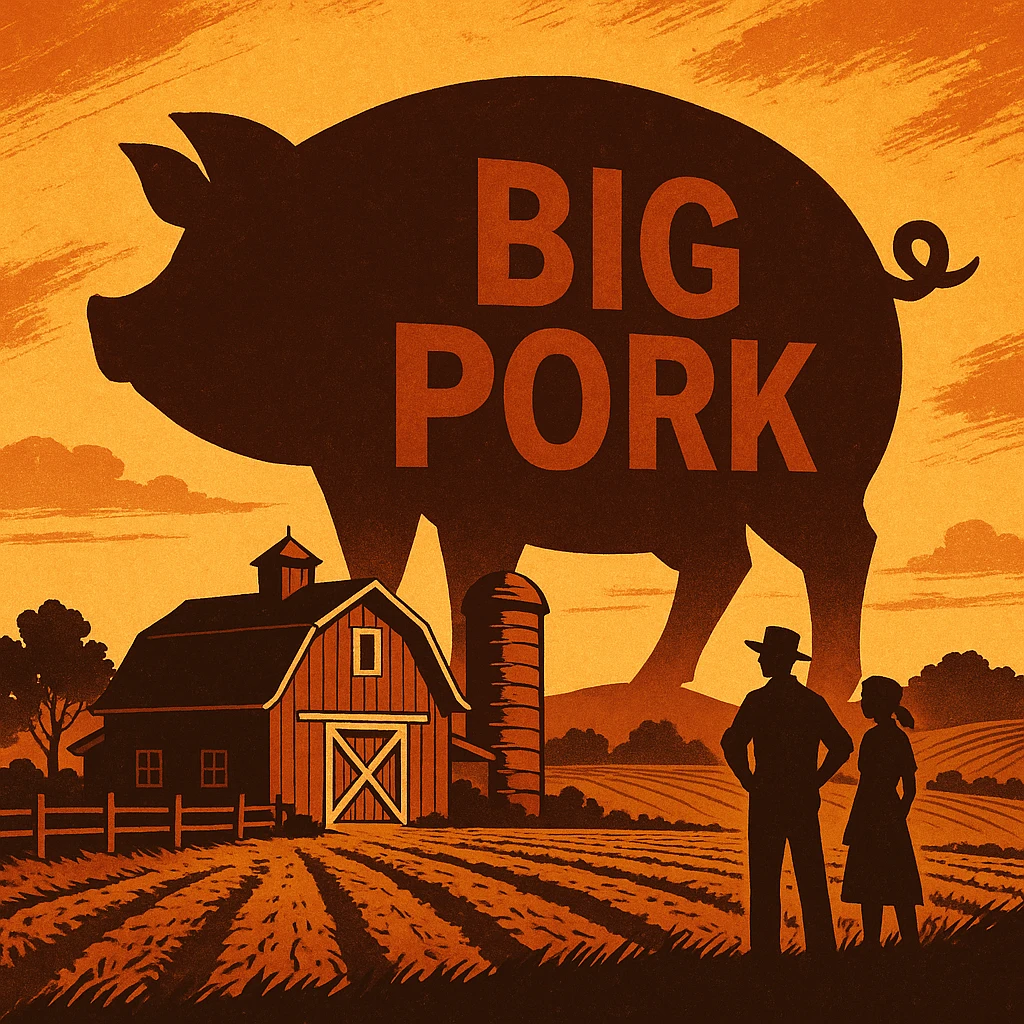 Big Pork’s Lies and the Farmers Who Won’t Back Down - illustration of small family farm resisting a giant corporate pig-shaped shadow labeled “Big Pork” — symbolizing independent farmers standing up against corporate control.