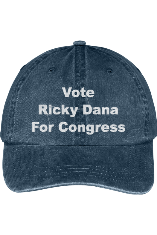 Ricky Dana for Congress pigment-dyed campaign cap in black, featuring embroidered logo, soft washed cotton finish, and adjustable strap — available in multiple colors.