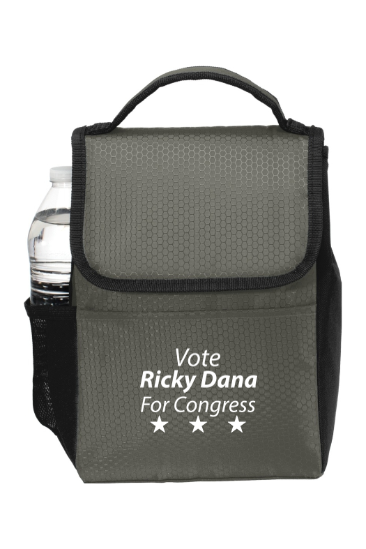 Ricky Dana for Congress insulated campaign lunch bag in gray and black with “Vote Ricky Dana For Congress” logo and three stars, side pocket for water bottle, and easy-carry handle — durable and available in multiple colors.