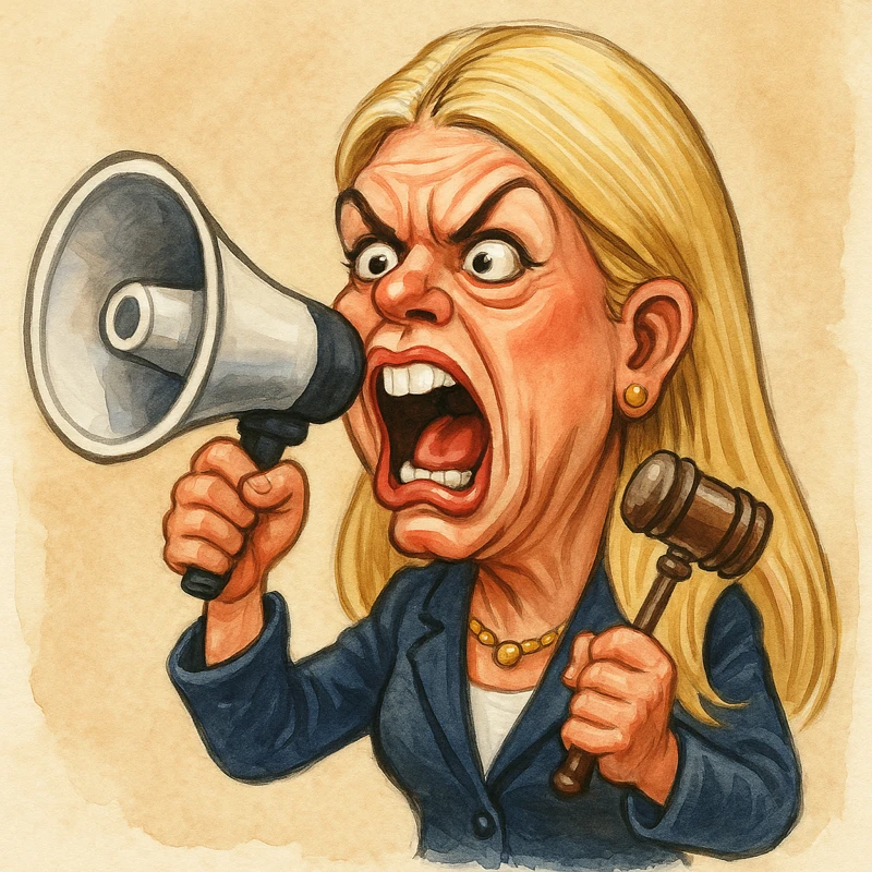 Shocking: Pam Bondi Constitutional Overreach Exposed - An Embarrassment to the Attorney Generals Office 2 Pam Bondi constitutional overreach — satirical caricature illustration showing a woman resembling the Attorney General shouting through a megaphone while holding a tiny judge’s gavel, symbolizing executive overreach and confusion of powers, high contrast watercolor style.