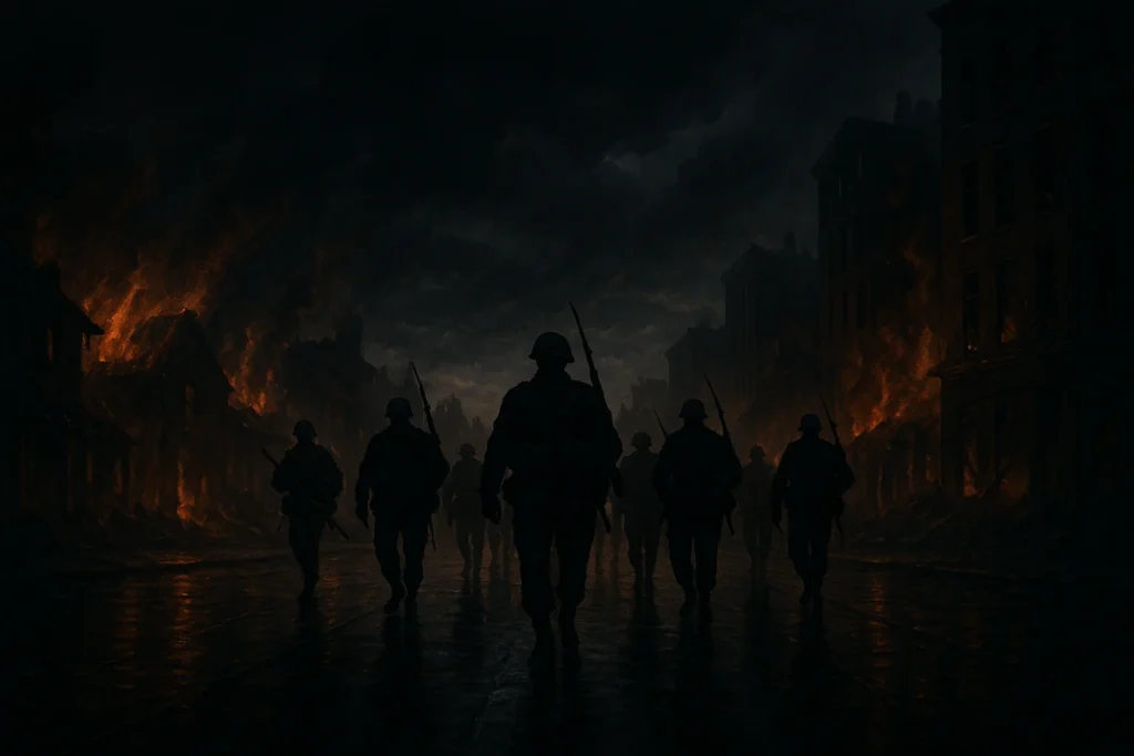 Protect Missouri from military rule — dark symbolic illustration showing silhouettes of soldiers marching through a desolate city street under storm clouds, symbolizing fear and loss of freedom, 16:9 image